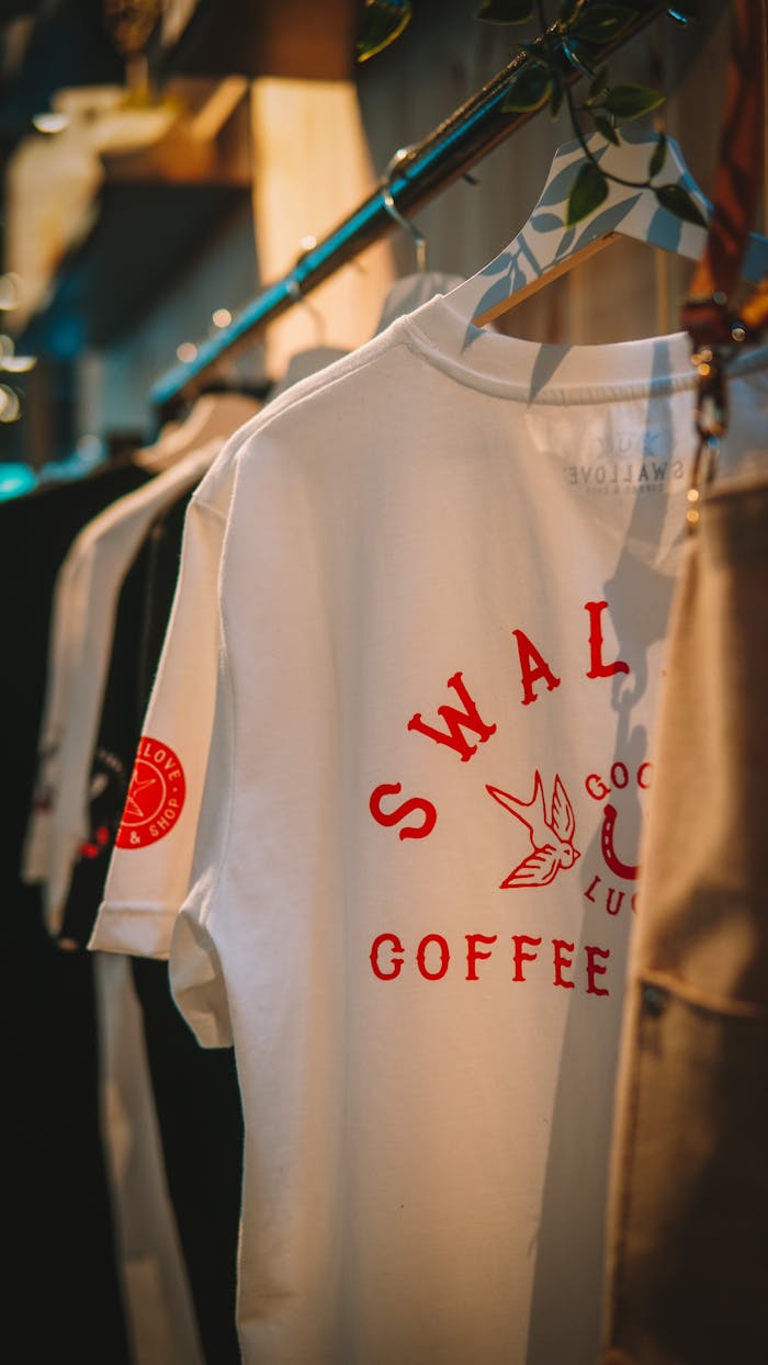 Home White T-shirt with graphic print hanging on a clothes rack in a retail store setting.